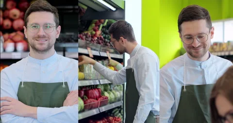 Multiscreen on portrait of happy man worker in glasses wearing apron standing in Stock Footage 192962359