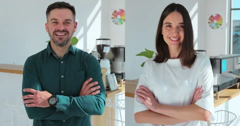Multiscreen portrait of successful man and woman chef standing with folded arms Stock Footage 204670000