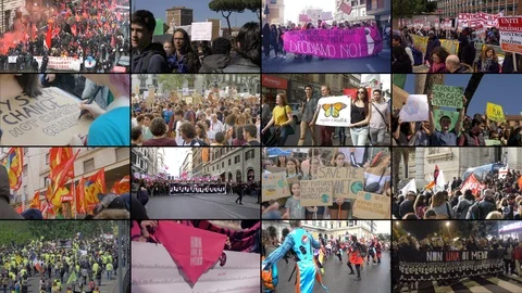 Multiscreen on Protests in Italy during year 2019. People, protest, unity Stock Footage 120518717