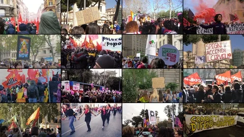 Multiscreen on Protests in Italy in the year 2019: manifstations, people,cities Stock Footage 120522801