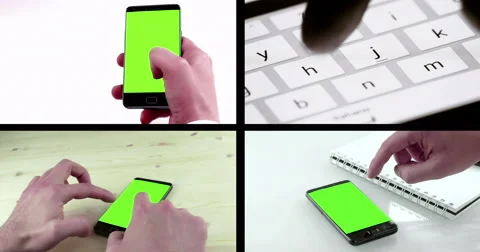 Multiscreen scene with man hands using a smart phone for write text messaging Stock Footage 62392705