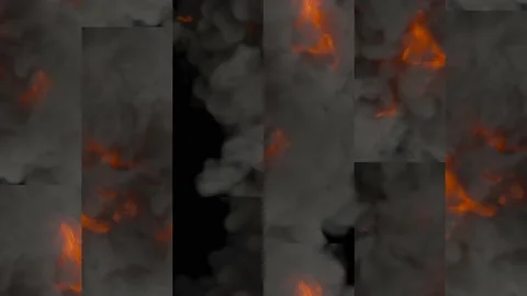 The multiscreen shows a fiery explosion and thick smoke. Stock Footage 239699029