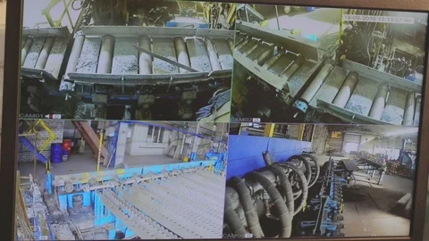 Multiscreen shows video from CCTV. Cameras installed in the factory Stock Footage 125868385