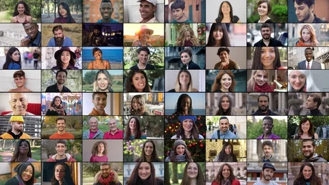 Multiscreen of smiling different for age - race people smiling at camera Stock Footage 129573429