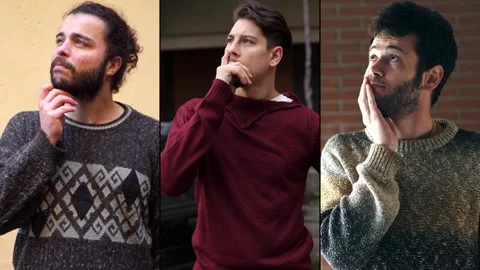 Multiscreen of thoughtful young men exchanging glances Stock Footage 307301381