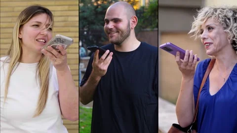 Multiscreen: Three people using the mobile phone leaving a vocal message Stock Footage 309834991