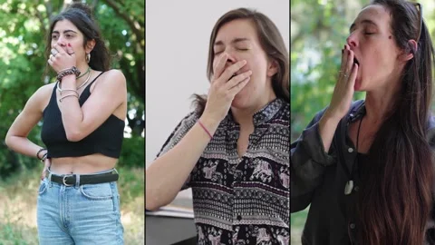 Multiscreen of three young women yawning from sleepiness Stock Footage 307301241