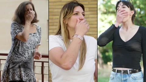Multiscreen of three young women yawning from sleep deprivation Stock Footage 307301246