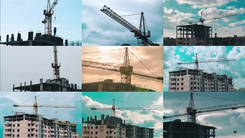 Multiscreen Time lapse working construction crane Building. clouds move quickly Stock Footage 130317732