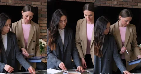 Multiscreen of two businesswomen collaborating on project, confident women in Stock Footage 314466827