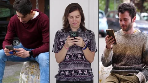 Multiscreen of two young men and one young woman using smartphones busily Stock Footage 307301433