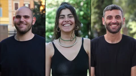 Multiscreen of two young men and one young woman smiling during celebration Stock Footage 307301503