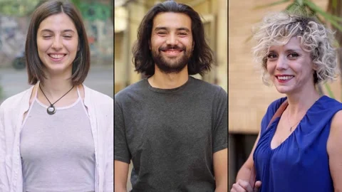 Multiscreen of two young women and one young man smiling excitedly Stock Footage 307301508