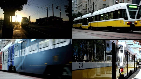 Multiscreen view of trains passing in Downtown Dallas Video stock 44726449