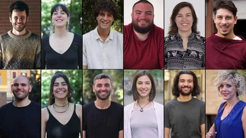 Multiscreen of young men and women smiling happily Stock Footage 307301543