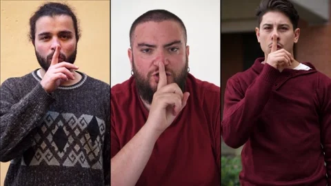 Multiscreen of young men gesturing silence playfully Stock Footage 307301361