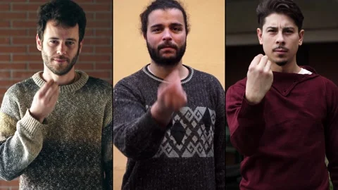 Multiscreen of young men making Italian "what do you want" gesture Stock Footage 307301310