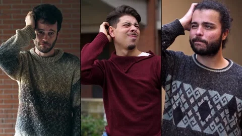 Multiscreen of young men scratching heads confused Stock Footage 307301351