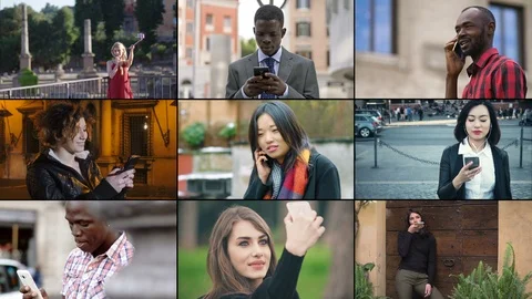 Multiscreen on young people of every race using the smart phone Video stock 101659712