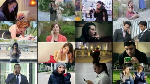 Multiscreen -young People using mobile phone in different situation. 4k footage Stock Footage 74717137