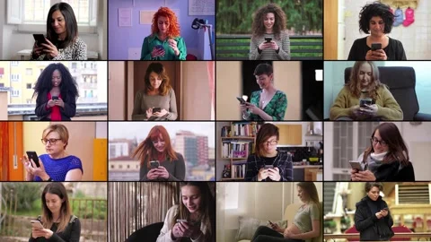 Multiscreen of young women texting with mobile phone 스톡 동영상 219420451