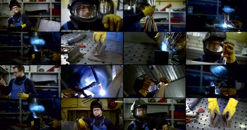 Multishot collage in industrial workshop, laborer is welding and working with Stock Footage 130447827