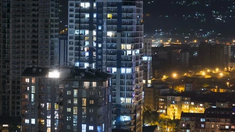 Multistorey Buildings with Changing Window Lighting At Night in City. Timelapse Stock Footage 123606520