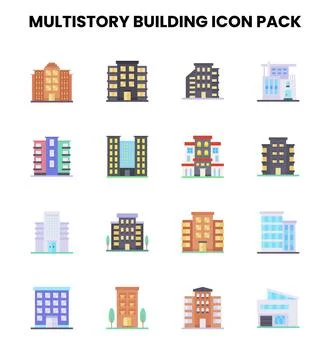 MultiStory Building Flat Scalable Icons Pack Ilustración de archivo