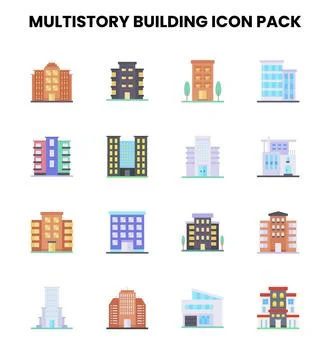 MultiStory Building Flat Set Icons Pack Ilustración de archivo