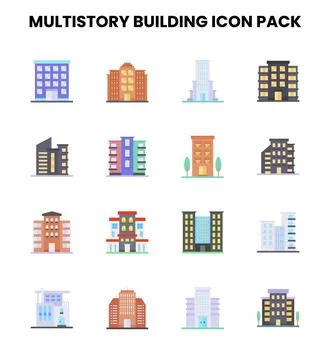 MultiStory Building Flat Set Icons Pack Stock Illustration