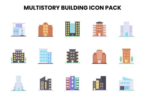 MultiStory Building Flat Vector Icons Pack Ilustración de archivo