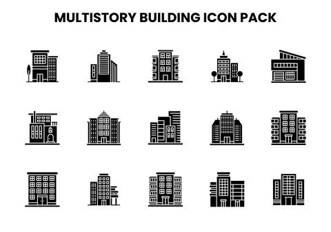 MultiStory Building Glyph Bundle Icons Pack Ilustración de archivo