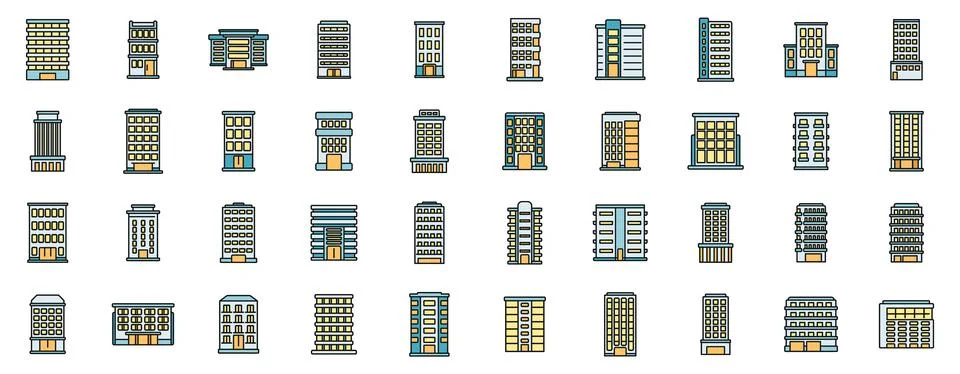 Multistory building icons set vector color line Stock Illustration
