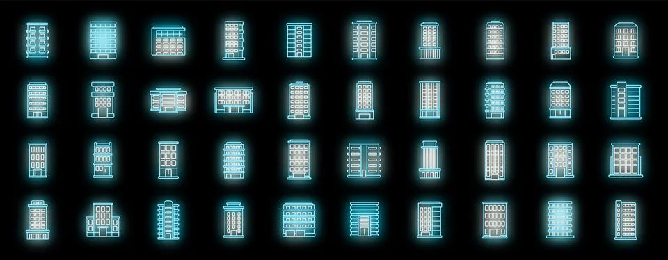 Multistory building icons set vector neon Stock Illustration