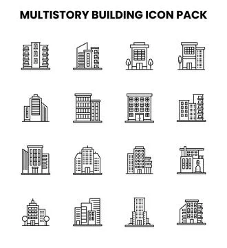 MultiStory Building Line Set Icons Pack Ilustración de archivo