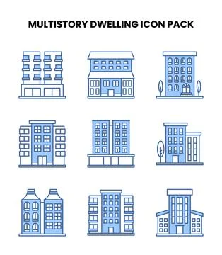MultiStory Dwelling Blue Set Icons Pack Stock Illustration