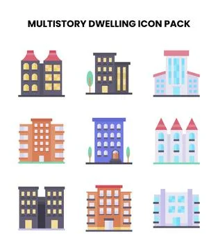 MultiStory Dwelling Flat Design Icons Pack Stock Illustration