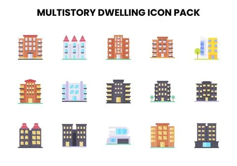 MultiStory Dwelling Flat SVG Icons Pack Stock Illustration