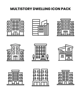 MultiStory Dwelling Line Graphics Icons Pack Stock Illustration