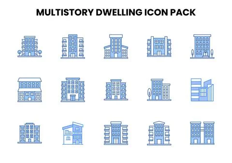 MultiStory Dwelling Two Colour Bundle Icons Pack Stock Illustration