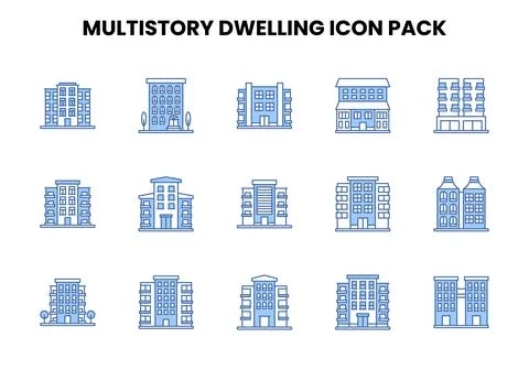 MultiStory Dwelling Two Colour Graphics Icons Pack Stock Illustration