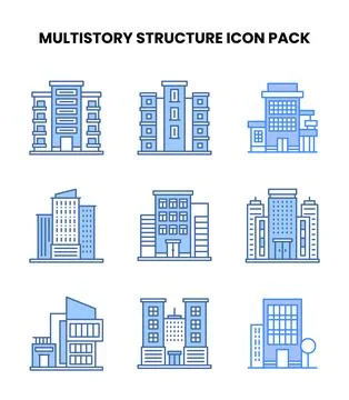 MultiStory Structure Blue Collection Icons Pack Stock Illustration