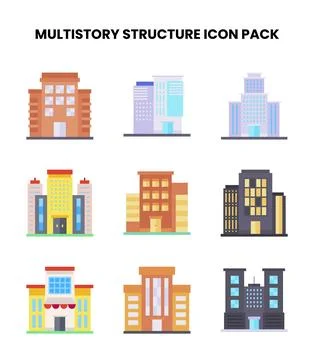 MultiStory Structure Flat Set Icons Pack Stock Illustration