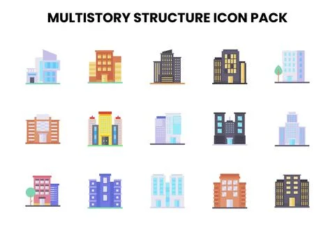 MultiStory Structure Flat SVG Icons Pack Stock Illustration