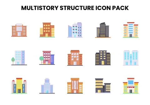 MultiStory Structure Flat Vector Icons Pack Stock Illustration