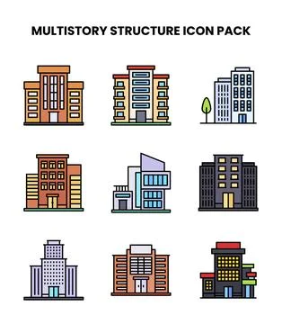 MultiStory Structure Lineal Color Collection Icons Pack Stock Illustration