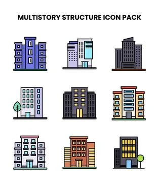 MultiStory Structure Lineal Color Set Icons Pack Stock Illustration