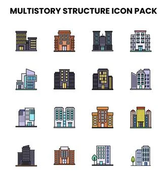 MultiStory Structure Lineal Color Set Icons Pack Stock Illustration
