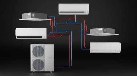 Multisystem use of different types of indoor units of the air conditioner 3d Stock Illustration