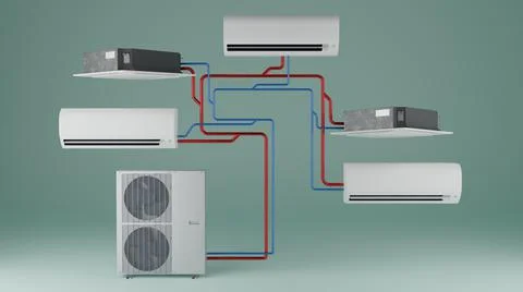 Multisystem use of different types of indoor units of the air conditioner 3d Illustrazione stock